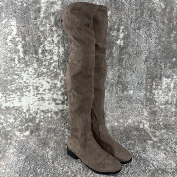 Cathrine Malandrino Sz 9 Faux Suede Over Knee Thigh High Boots Brown Drawstring - Picture 1 of 11